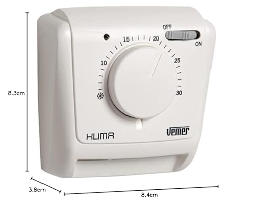 VEMER VE021200 KLIMA SI - Mechanischer Raumthermostat, Heizungsthermostat, Thermostat mit Betrieb Heizung und Klimaanlage, EIN/AUS-Schalter + EIN-Licht, Weiß