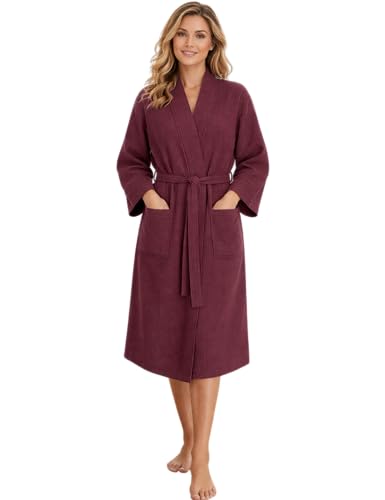 Morgenstern Bademantel Damen Leicht 100% Baumwolle OEKO-TEX® Waffelstoff Waffelpique Waffelmuster Paula Bordeaux XL