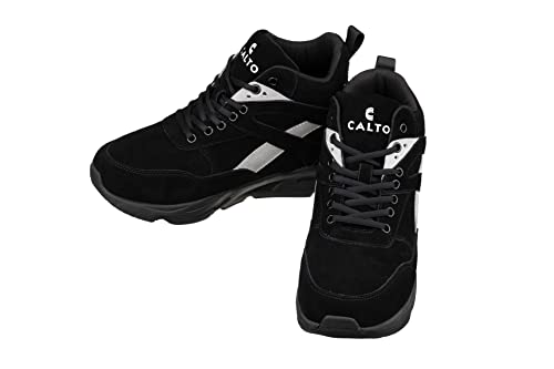 CALTO Men's Invisible Height Increasing Elevator Trainer Shoes - Black/Grey Lace-up Fashion High-Top Hiker Sneakers - 4.0 Inches Taller - S33594 - Size 11 D(M) US4