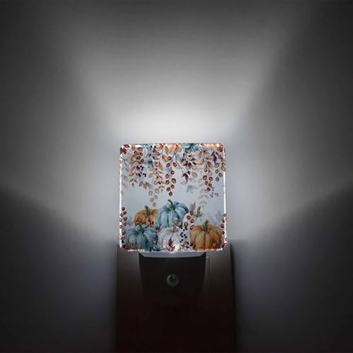 Image of Fall Thanksgiving Pumpkin Night Light Plug in LED Automatic Sensor Kids Night Lights, Farm Vintage Eucalyptus Leaves Night-Lights Plug into Wall for Bedroom Bathroom Kitchen Decor