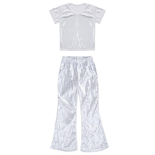 Boys Girls 2Pcs Shiny Dance Performance Outfits Metallic T-Shirt with Bell Bottoms Set Jazz Sportswear3