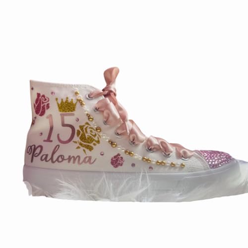 Flowers Quinceañera Party Shoes Sneakers for Girl Personalized Tennis Gift Mis XV Bling Zapatillas Decor Letter Shoes (8, Pink)