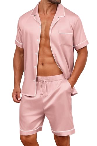Vssjavun Mens Satin Silk Pajamas Sets Short Sleeve Button-Down Sleepwear Two Piece Loungewear with Pockets