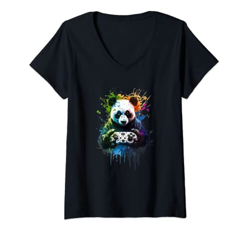 Mujer Panda Music DJ Controller Zocken Gaming Panda Camiseta Cuello V