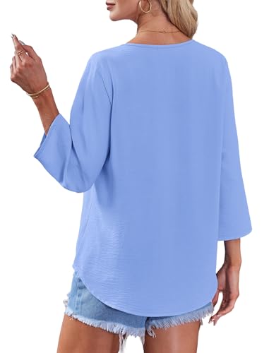 Image of OFEEFAN Button Down Shirts for Women 3 /4 Length Sleeve Tops V Neck Blouses Business Casual Outfits Loose Fit