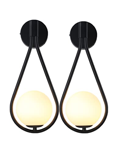 KRIPINC Applique Sfera Vetro LED 5W, Lampada a Muro Sfera Vetro, Lampada Vintage, Applique da Parete Interno Moderno per Soggiorno, Camera da Letto, Comodino (Nero x2)