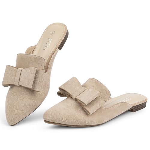 Image of MUSSHOE Mules for Women with Bow Knot: Pointed Toe Flats - Cloud-Cushion Suede Backless Loafers for Office & Casual Wear - Wide-Fit Friendly Slip On Slides with Memory Foam