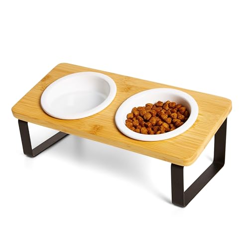 PETLINUS Ciotole Rialzate per Gatti e Cani Piccoli, Doppia Ciotola 15° Inclinata di Ceramica e Legno per Acqua e Cibo, 33x14x13 cm, 2x250 ml (Bambu)