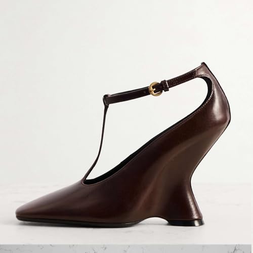 Women's Leather Wedge Slingback Heels with Adjustable Ankle T-Strap Buckle, Square Closed Toe Pumps, Fashion Evening Party Shoes3