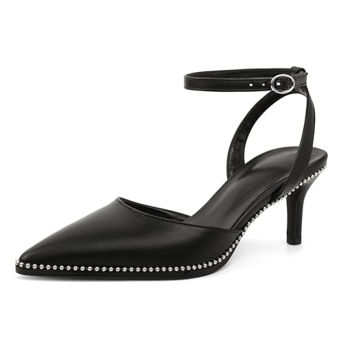 Image of SAMMITOP Kitten Heels for Women Low Heel Closed Toe Ankle Strap Pumps Wedding Party Beaded Dress Shoes 2.4 Inch