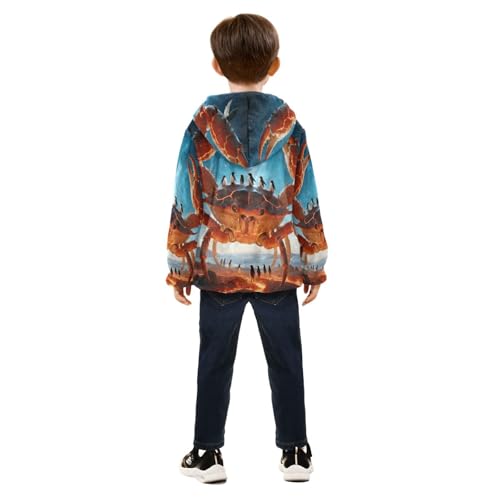 Giant Crab with Penguins Standing Toddler Fleece Jacket Girl Boys Hooded Fleece Jacket Coat Warm Outwear Zip-up 3-10T4