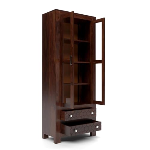 Image of Sheesham Wood Bookcases with 4 Shelves 2 Drawer - Wooden Kitchen Crockery Cabinet for Dining Room Kitchen with Glass Door Book Shelf Wooden Rack for Living Room (James Walnut)