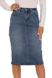 GUANYY Women's Stretch Denim Skirt High Waited Knee Length Jean Skirts Midi Slit Pencil Skirts Modest 13_Medium Blue Large