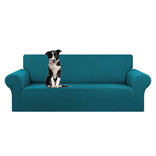 KEKUOU Stretch Oversized Sofa Slipcover 1 Piece Couch Sofa Cover (94"-110") Furniture Protector 4 Seater Sofa with Elastic Bottom for Kids,Pet.Jacquard Checked Pattern Fabric(X Large,Peacock Blue)