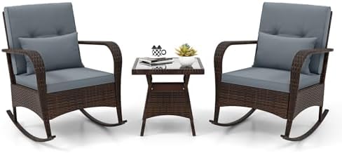 ORALNER 3 Pieces Patio Furniture Set, Outdoor Wicker Rocking Chairs with Cushions, Pillows, Glass Coffee Table, Rattan Bistro Rocker Set for Balcony Front Porch Poolside Garden Deck Yard (Grey) ORALNER 3 Pieces Patio Furniture Set, Outdoor Wicker Rocking Chairs with Cushions, Pillows, Glass Coffee Table, Rattan Bistro Rocker Set for Balcony Front Porch Poolside Garden Deck Yard (Grey)