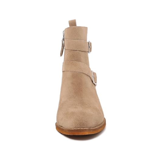 mm Women's Leather Ankle Boots with Adjustable Buckles, Classic Pointed Toe Chunky Wooden Low Heel Side Zipper Casual Chelsea Western Booties for Ladies Fall,Khaki Black2