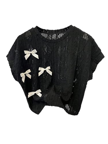 OYOANGLE Girl's Bow Top Short Sleeve Drop Shoulder Hollow Out Eyelet Tee Shirts