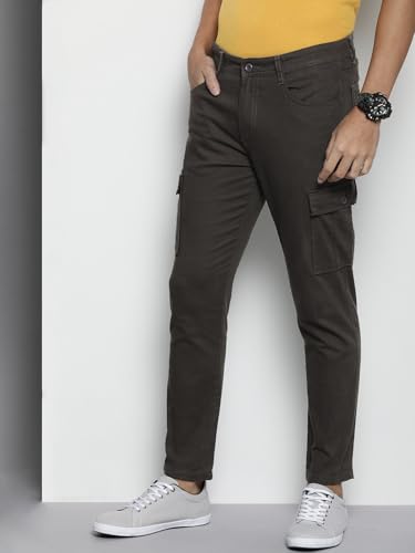 Image of The Indian Garage Co Men Slim Fit Solid Mid-Rise Stretchable Cargos