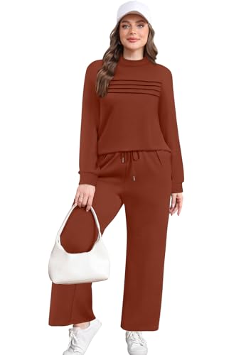 Image of WIHOLL Two Piece Sets for Women Fall Travel Vacation Outfits 2026 Long Sleeve Lounge Sets Side Slit Wide Leg Pants XS-3XL