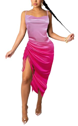 Image of Club Dress Sexy Dress for Women Wedding Party Birthday Cocktail Spaghetti Strap Satin Side Ruched Midi Mini Dress