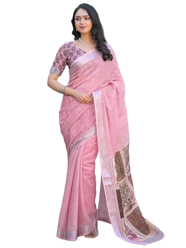 Image of SIRIL Women's Printed Cotton Saree with Unstitched Blouse Piece