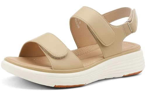 UBFEN Womens Platform Sandals Wedge Walking Comfortable Casual Adjustable Strap Lightweight Open Toe Beige Women US 7.5