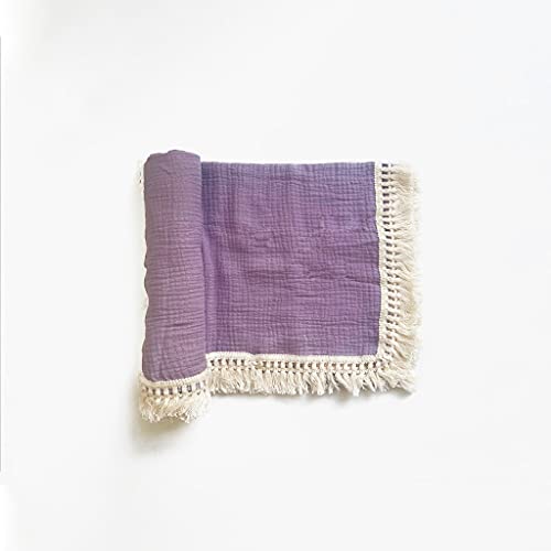 Image of Chippi & Co Boho Baby Girl Cotton Muslin Lavender Swaddle Quilt Blanket with Fringe for Cute Bohemian Nursery Decor, 47x47''