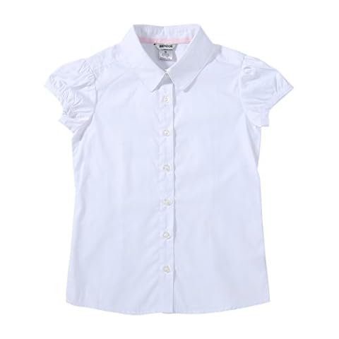 Bienzoe Girls Shirt Short Sleeve: White Button Up Kids School Uniform Cotton Oxford Collar Puff Dress Blouse Size L Cover