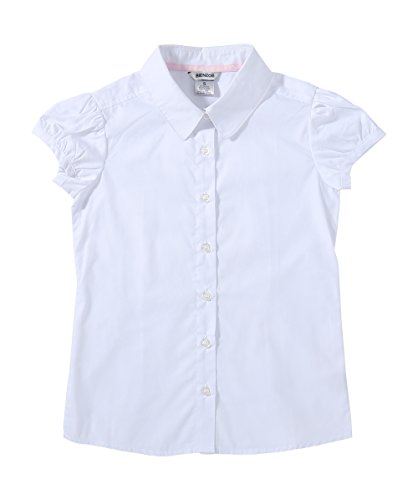 Bienzoe Girls Shirt Short Sleeve: White Button Up Kids School Uniform Cotton Oxford Collar Puff Dress Blouse