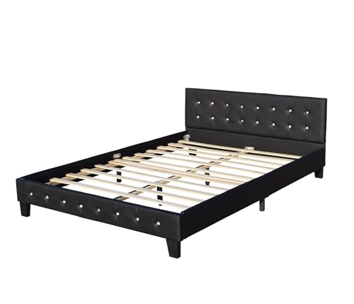 King of Dreams Lit avec Sommier 140x200 cm + Tête de Lit Capitonnée Couleur Noir + Pieds en 10 cm - Emilie - 13 Lattes - revetement PVC Simili Facile...