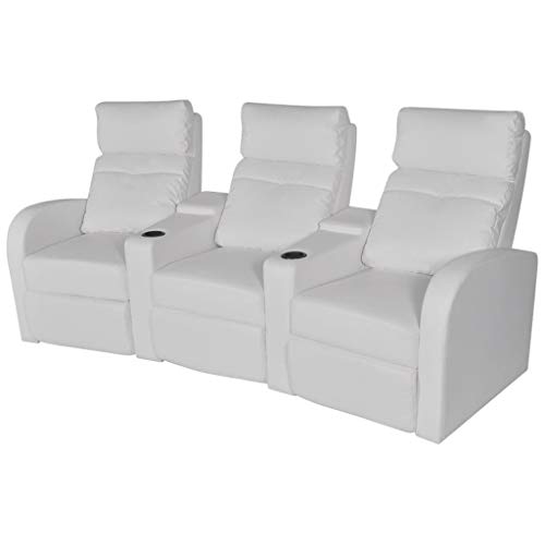 Colore: Bianco Tuduo - Poltrona reclinabile a 3 posti, stile moderno, larghezza di seduta unica 54 cm, in ecopelle bianca, adatta per sala cinema o anche per ufficio d\'affari
