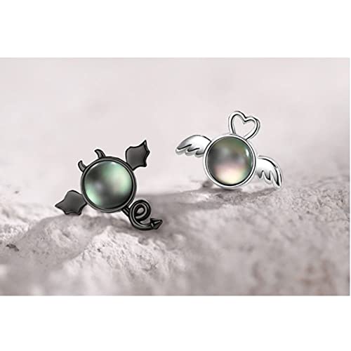 Angel Devil Stud Earrings For Women Girls Asymmetrical Love Heart Angel Wings Earring Small Moonstone Earring Black Ear (Silver) #TOP3