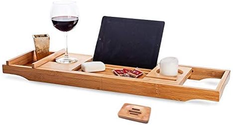 Bamboo Wood Bathtub Caddy Tray - Large Bathroom Tub Tray Table with Soap Holder, Phone Holder, Reading/ Tablet Rack, and Wine Glass Holder - Adjustable Bath Tub Organizer Tray with Extending Sides