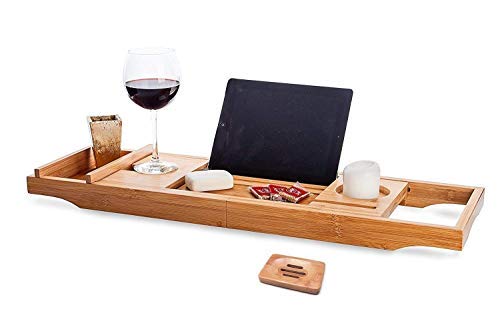 Bamboo Wood Bathtub Caddy Tray - Large Bathroom Tub Tray Table with Soap Holder, Phone Holder, Reading/ Tablet Rack, and Wine Glass Holder - Adjustable Bath Tub Organizer Tray with Extending Sides