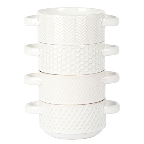 Image of Gibson Elite Oyster Tide Embossed 6 Inch Soup Bowls with Handles. French Onion Soup Crocks, Stackable Soup Bowl, Chili, Beef Stew Reactive Glaze Stackable Ceramic Bowl, Set of 4, White