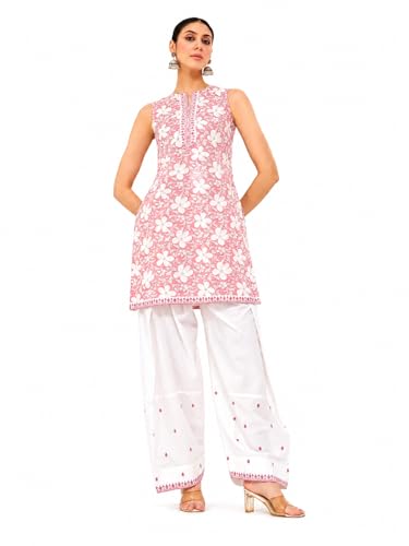 Image of FIORRA Women Light Pink Floral Printed & Embroidered Pure Cotton Straight Kurta with Farshi Salwar