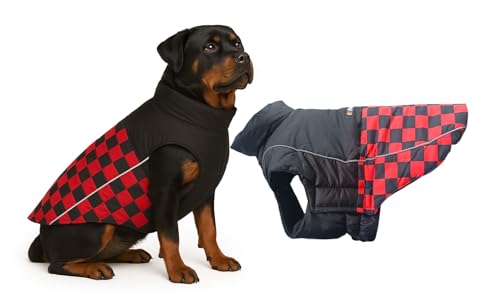 Image of The Pets Company Dog Winter Coat Jacket, Clothes, Windproof, Waterproof, Light Weight, Washable, Ultra Warm Thick Fleece Lined Dog Vest for Cold Weather Protection, (Red Check, X-Large - 28 Inch)