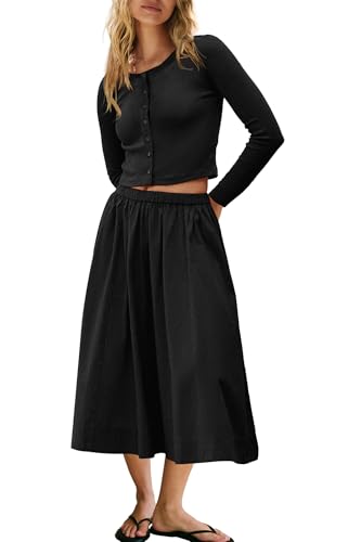 Image of Panadila Womens 2 Piece Lounge Sets Matching Vacation Outfits Ribbed Button Down Cardigan and Elastic Waist Skirt Sets