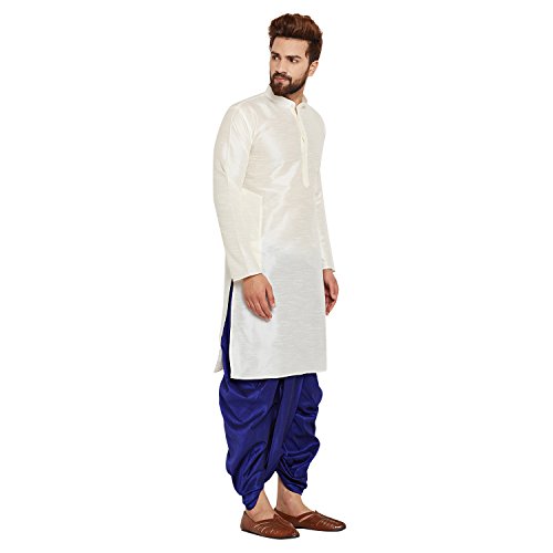 Image of SOJANYA (Since 1958 Men's Off-White and Gold Dupion Silk Dhoti Kurta Set