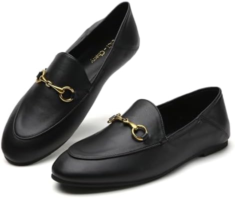 CiCi-Cherry Women's Classic Bit Loafers – Structured Faux Leather Business Work Flats, Comfortable Slip On Dress Shoes with Gold Metal Buckle (Updated True Size)