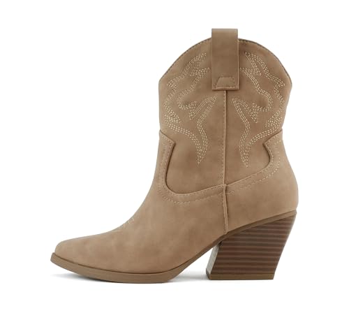 Soda “BLAZING” ~ Women Western Stitched Pointe Toe Low Heel High Top Ankle Shaft Boot Bootie (Taupe PU, us_footwear_size_system, adult, women, numeric, medium, numeric_9)