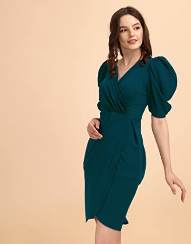 Image of Sheetal Associates Women's Puff Sleeve V-Neck Bodycon Casual Mini Dress