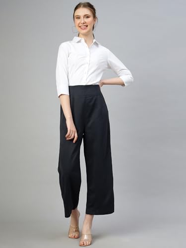 Image of FITHUB Women's High-Rise Cotton Blend Solid Pattern Stretchable Parallel Trouser /Regular Casual Wear Trousers /Straight Fit Solid Flat-Front Trousers