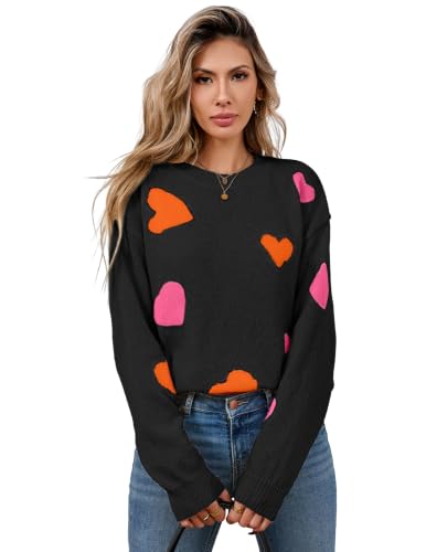 Image of Women's Cute Heart Sweaters Fall Casual Long Sleeve Knit Pullover Tops | 2026 Trendy Crew Neck Ribbed Kint Sweater Oversized Winter Outfit Clothes