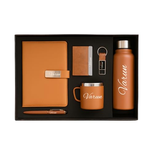 Image of YOUR GIFT STUDIO Customized Diary Gift Set | Personalised Diary, Card Holder, Keychian, Pen, Stainless Steel Mug and 750ml Bottle Personalized Gift for Birthday, Anniversary and Corporate (Tan)