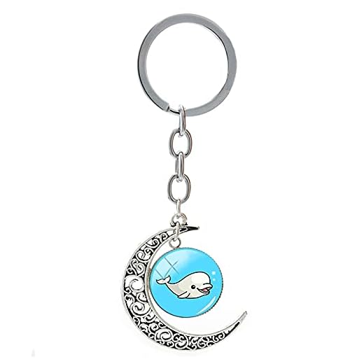 Söt delfinmönster måne hänge nyckelringar däggdjur i havet nyckelhållare våra vänner tecknat glas cabochon