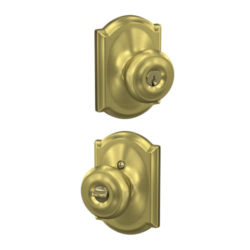 Image of SCHLAGE Georgian Keyed Entry Door Knob, Interior /Exterior, Satin Brass | Keyed entry door knob with turn-button lock, Easy to install, Certified security & durability, Universal fit, 2 keys