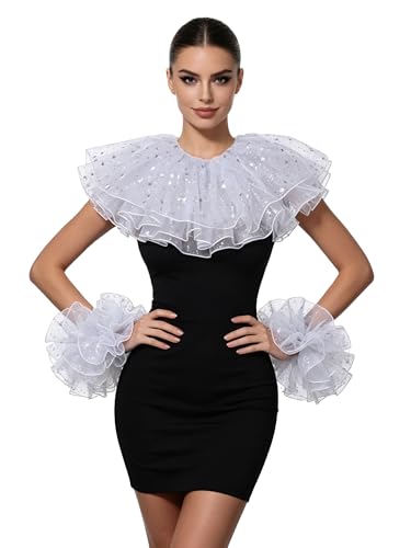 ANDHOM Renaissance Victorian Ruffle Collar and Wrist Cuffs Set Organza Colonial Clown Choker Neck Collar Cuff