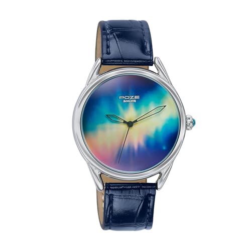 Image of Sonata Poze 8 Quartz Analog Northern Lights Inspired Watch for Unisex with Blue Luminous Dial & Dark Blue Leather Strap - SP70100SL03W