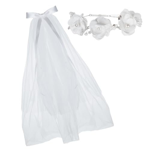 2 Pcs First Communion Accessories Set Girls White Floral Wreath Lace Veil Comb and Floral Crown Set, White 22 Incies
